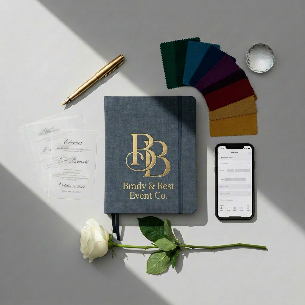 A meticulously organized flat lay of premium event planning tools on a smooth, dove-gray surface: a closed, linen-bound planner embossed with the Brady & Best Event Co. logo in debossed gold, color-coordinated fabric swatches in muted jewel tones, a brass fountain pen, vellum invitation mockups with delicate serif typography, and a smartphone displaying a minimalist event timeline. A crystal paperweight and a single, long-stemmed white rose add refined texture. Soft, diffused natural daylight from the left creates gentle shadows and subtle highlights. Photographic realism, top-down composition with clean negative space and a calm, polished, highly professional mood.